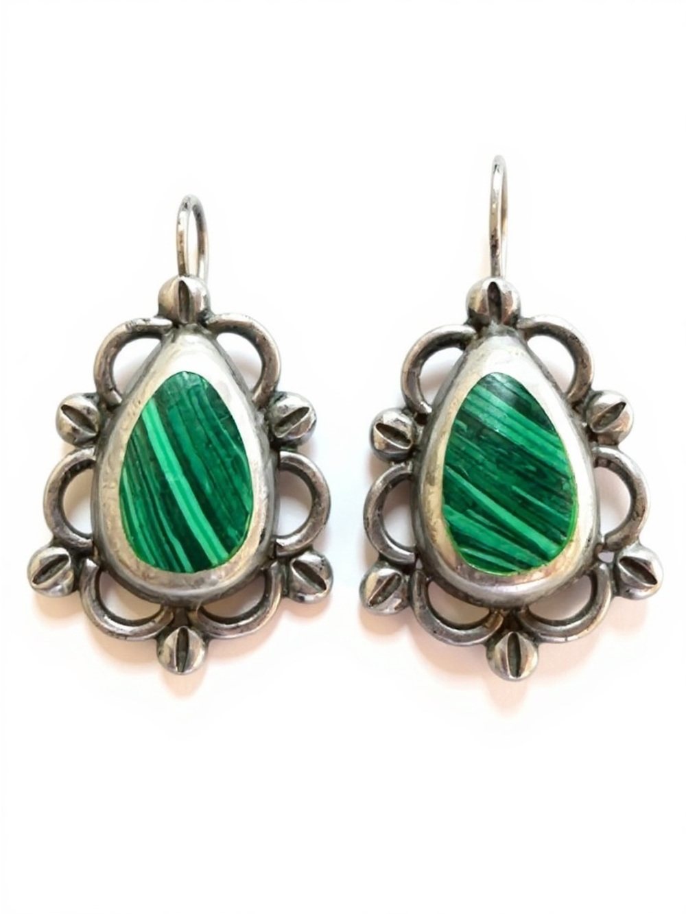 Vintage Southwestern Sterling Silver Malachite Teardrop Earrings – Heavy 10g